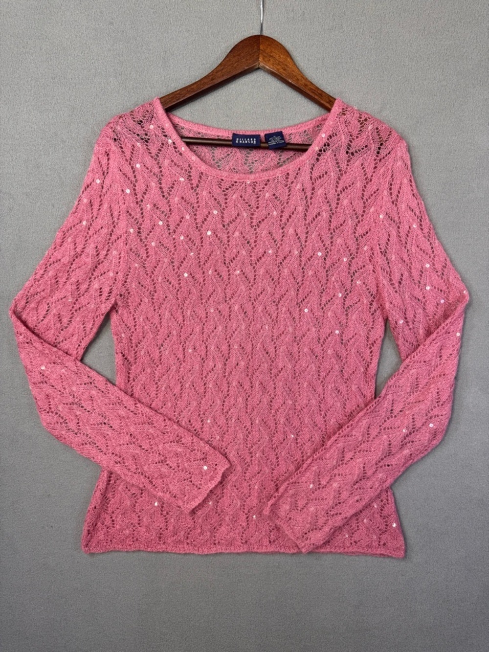 Fairy Pink Sequin Hillard & Hanson Openwork Wool Blend Sweater, Medium